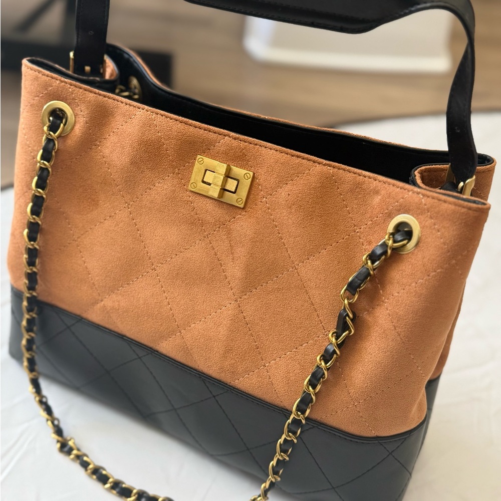 Two-Tone faux  Suede and faux  Leather Shoulder Bag in Tan and Black
